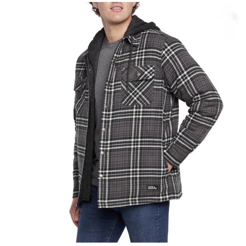 Eddie Bauer Men's Hooded Shacket Jacket Plaid Quilted Lining Pockets NEW Small